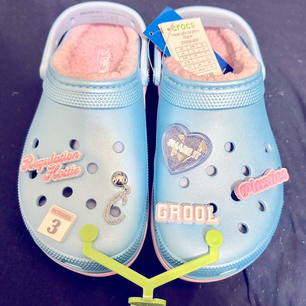 Brand new with tags platform Mean Girls Crocs with charms.